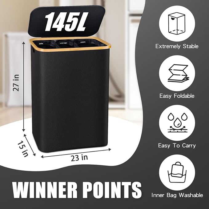 Hampers for Laundry Basket with Lid, 145L Large Laundry Hamper 3 Section | Dirty Clothes Hamper Separator with 3 Removable Bags & 5 Labels, Divided Laundry Organizer for Bedroom, Laundry Room, Black