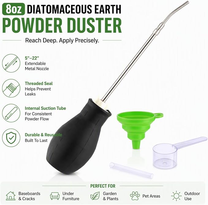 Diatomaceous Earth Powder Duster, 8 oz Bulb Applicator with 5–22 in Extendable Metal Nozzle, Threaded Leak-Resistant Seal, Powder Dispenser with Funnel and Scoop for Indoor, Outdoor and Garden Use