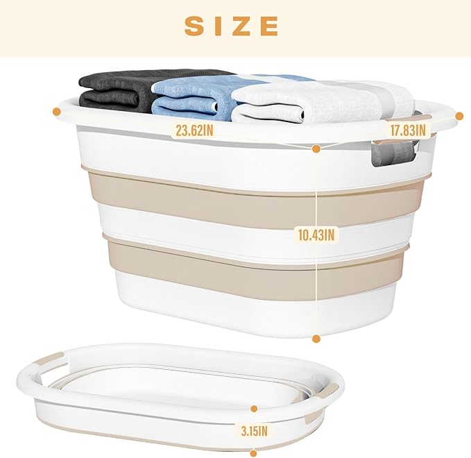 OOAMBB 43L(11.5Gallon) Collapsible Plastic Laundry Baskets (Beige, 2 Packs) | Pop Up Laundry hamper/Storage Container,Foldable Laundry Basket with Large Capacity,Sturdy,Space Saver