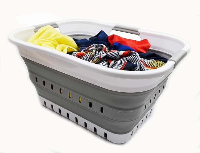 SAMMART Set of 2-30L (8 gallon) Collapsible Plastic Laundry Basket - Foldable Pop Up Storage Container/Organizer - Space Saving Hamper/Basket (2, White/Grey)
