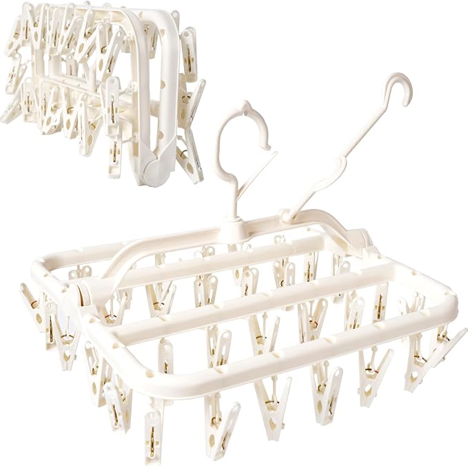 Foshine Foldable Clothes Drying Rack with 32 Drying Clips Wind-Proof Hook | Underwear Hanger Plastic Laundry Clip For Socks Bras White