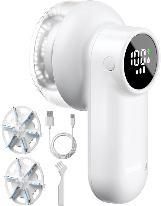 coldSky Rechargeable Fabric Shaver, Lint Shaver with Digital Display, Sweater Shaver with 6-Leaf Blades and Safety Lock, 3-Speeds Defuzzer Remove Fuzz, Pills from Clothes, Furniture, Sofa, White