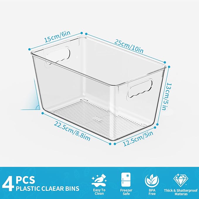 Clear Pantry Organizer Bins, Plastic Organizers & Storage Containers, Cabinet Organizer, Home Organization Must Haves for Kitchen, Laundry Room, Office, Closet & Freezer (4 Pack)