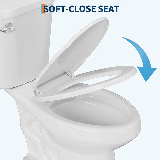 Two Piece Toilet, 17" Elongated with Upgraded Flushing, Single Handle (Side Mounted), Includes Soft-Close Seat & Hardware, White, 12" Rough-in