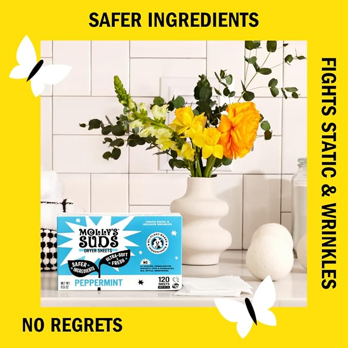 Molly's Suds Fabric Softener Dryer Sheets for Sensitive Skin | Plant-Based Static Reducer, Plastic-Free Packaging | Bundle of 2, Peppermint (240 Sheets Total)