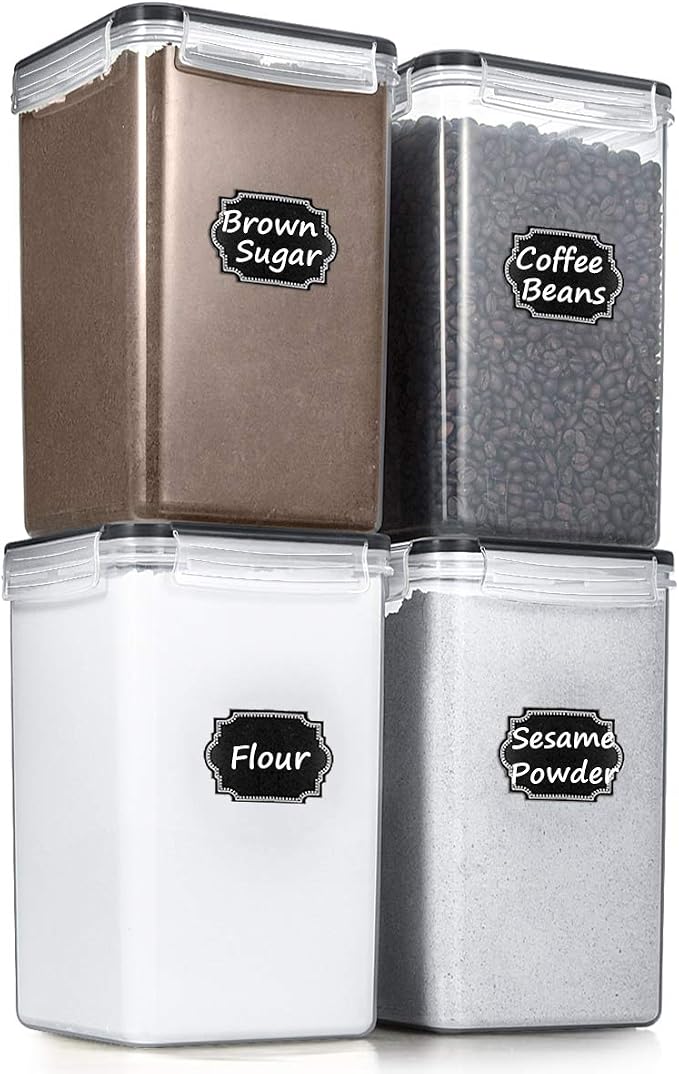 Wildone Extra Large Tall Airtight Food Storage Containers 6.5L/ 5.9QT, Plastic BPA Free Kitchen Pantry Storage Containers 4 Pieces for Flour, Sugar, Rice, with 20 Labels & 1 Marker, Black