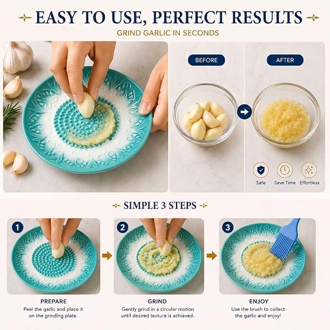 Ceramic Garlic Grater Plate Set with Rack & Cleaning Brushs(Teal)