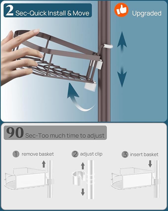 SEIRIONE Rustproof Shower Corner Caddy Organizer for Bathroom, Tension Pole with 4 Baskets, for Bathtub Storage Rack, 34 to 116 Inch Height, Bronze