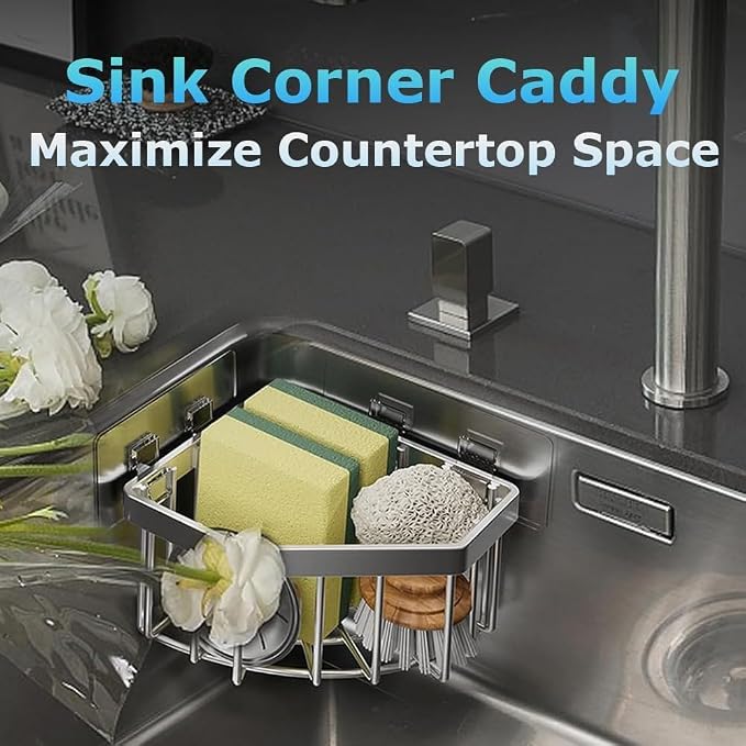 Corner Sink Caddy Sponge Holder - Stainless Steel Kitchen Sink Organizer, Triangle Adhesive Soap Holder with 2 Hooks for Kitchen & Bathroom, 13.5cm13.5cm 9cm
