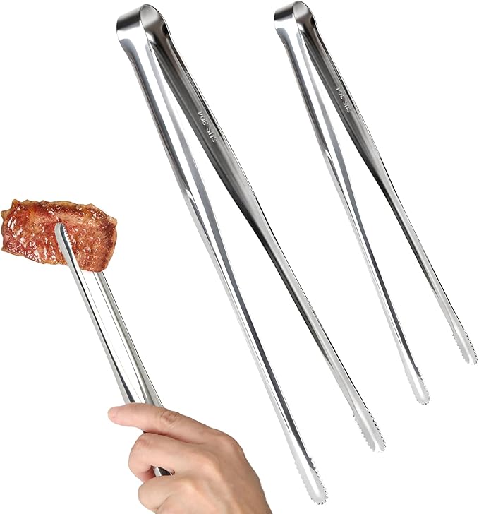 Precision Serrated Non-Slip Tips Cooking Tongs, 2 Pack Stainless Steel Cooking Tongs - Korean BBQ Tongs Long-Handled Anti-Slip Food Clips for Grilling, Frying & Serving