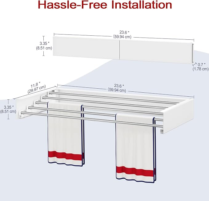 Wall Mounted Drying Rack 23.6", Foldable Laundry Drying Rack with Stainless Steel Rods, Retractable Laundry Space Saver for Indoor & Outdoor Use, Include Wall Template