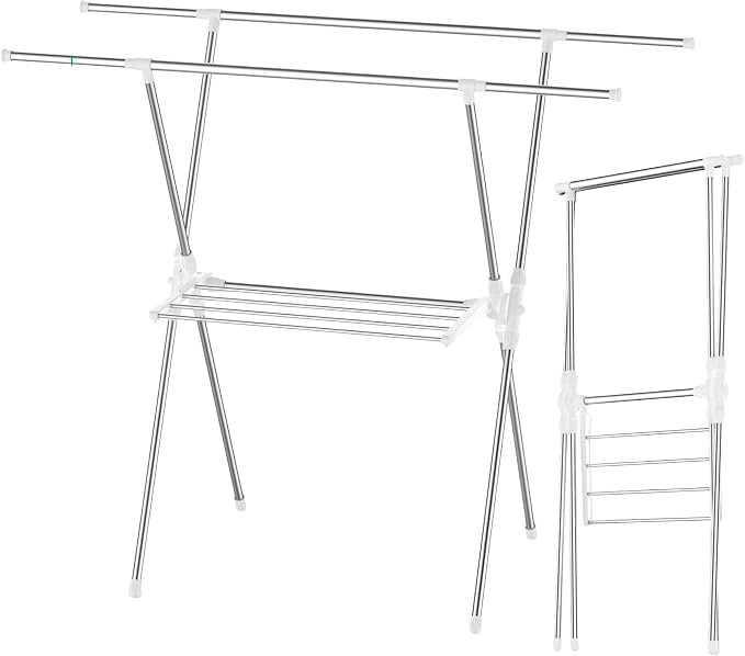 Foldable Clothes Drying Rack 63 Inch Stainless Steel, Heavy Duty Space Saving Laundry Rack Indoor Outdoor, Double Rod Design for Balcony, Laundry Room, Home