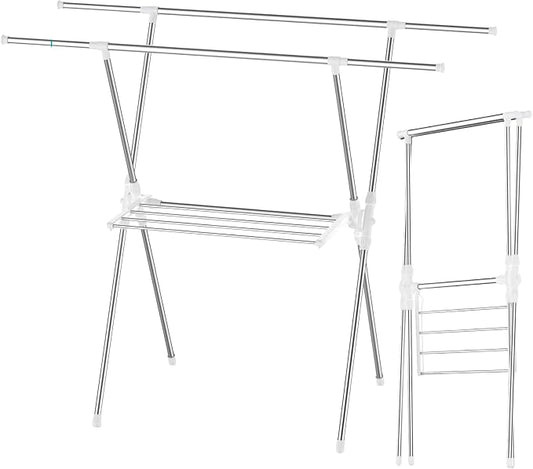 Foldable Clothes Drying Rack 63 Inch Stainless Steel, Heavy Duty Space Saving Laundry Rack Indoor Outdoor, Double Rod Design for Balcony, Laundry Room, Home