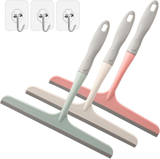3 Pcs Shower Squeegee for Glass Doors, Car Window Squeegee, Streak-Free Mirror Cleaner Tool for Bathroom Kitchen Sink Countertop Tile Glass Shower Door Scraper Household Squeegees, with 3 Hooks
