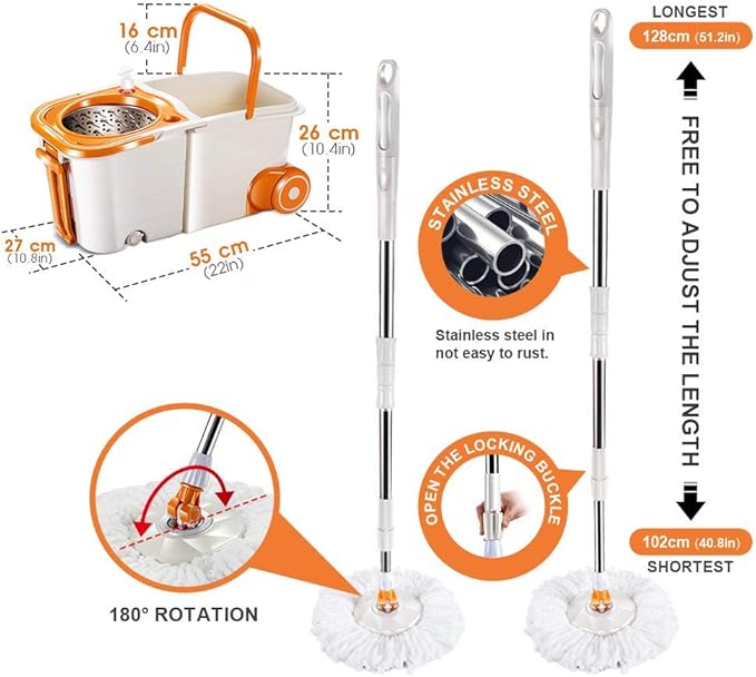 Masthome Mop and Bucket with Wringer Set, Easy Wring Spin Mop and Bucket with Wheels, 51" Stainless Steel Handle & 4 Microfiber Replacement Refills, Wet Dry Mop for Floor Cleaning