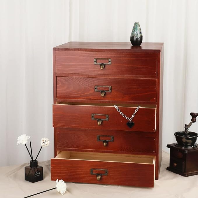 GoooodGIFT Wooden Drawers Large Wooden Box with Drawer, Brown | 5 Drawer Wood Storage Box , Vintage Desktop Organizer with Drawers, Desk Organizers for Library Card Catalog Cabinet
