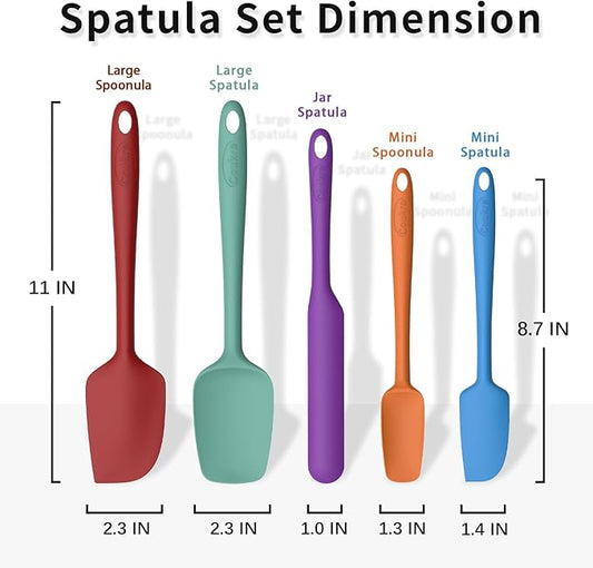 Coukre Silicone Spatula Set of 5,High Heat Resistant, Food Grade Silicone, Upgraded Extended Reinforced Handle,Dishwasher Safe, for Baking, Cooking (Pure Colorful B, Solid color)