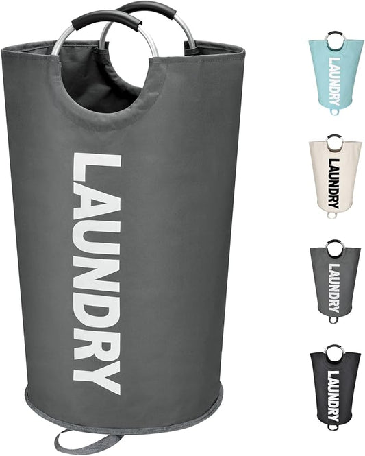 Maxsilan 90L Large Laundry Basket Bag, Collapsible Tall Hamper, Dark Grey | Freestanding tall laundry bag & foldable washing basket. Large capacity clothes storage bin with durable sturdy handles