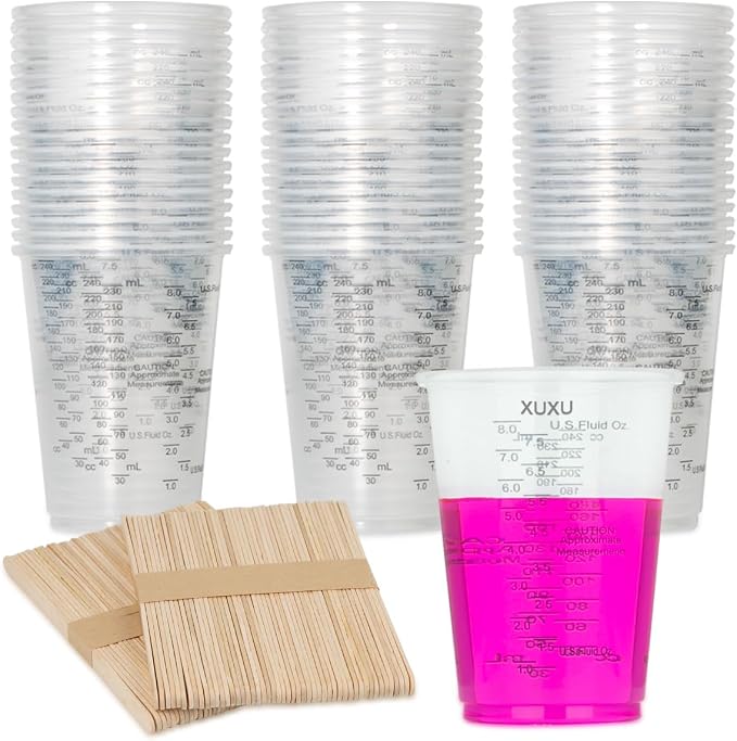 200Pcs 8oz Graduated Clear Plastic Measuring Cups Disposable Mixing Cups with Wooden Stirring Sticks for Mixing Paint Pigments Epoxy Resins Resins