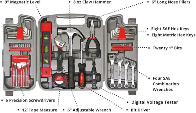 Apollo Tools 53 Piece Home Repair Tool Set with Toolbox Storage Case, Basic Tool Set for General Household Repairs and DIY, Includes Most Useful Hand Tools - Red