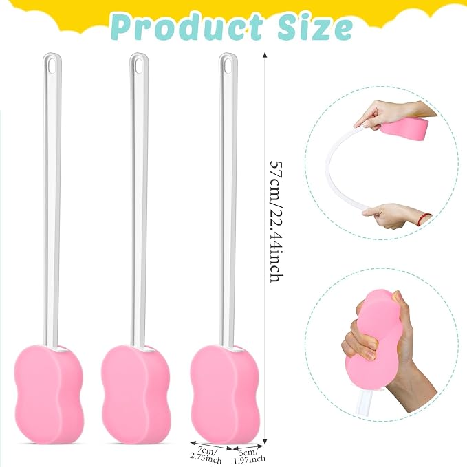 3 Pcs Long Handle Bath Sponge 22.4'' Back Sponge on a Stick Lightweight Back Washer Handled Butt Scrubber Shower Brush for Foot Body Cleaning Bathing Limited Motion(Pink)