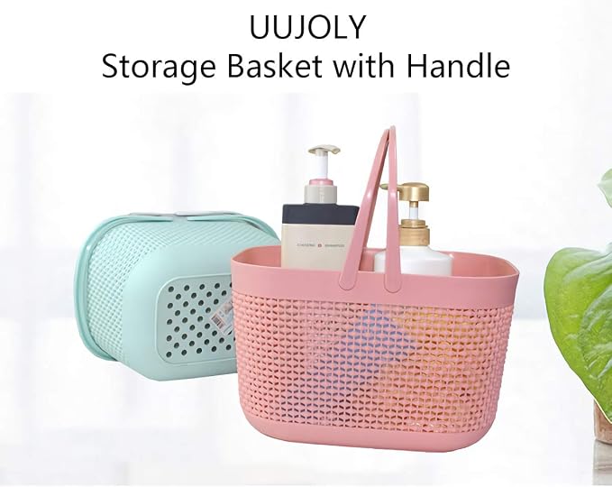 Plastic Protable Shower Caddy Basket, Storage Organizer with Handle, Pink | Bottom Drain Holes, Keep Dry, Sturdy and Durable, Easy to Carry for Bathroom, Kitchen, Dorm Room, RV, College