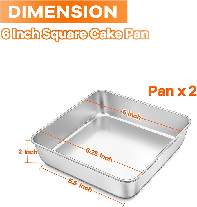 TeamFar 6 Inch Square Cake Pan, Stainless Steel Square Baking Pan for Lasagna Cake Brownie, Healthy & Heavy Duty, Dishwasher Safe & Easy Clean, Brushed Surface & Smooth Edge, Set of 2