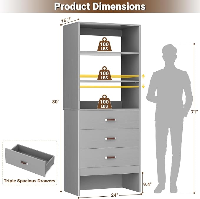 Armocity Freestanding 2FT Closet System with Leather Handles, 24" Walk-in Closets Storage Unit with Cabinet, Wood Wardrobe Closet Organizer and Storage with 3 Drawers for Small Space, Laundry, Grey