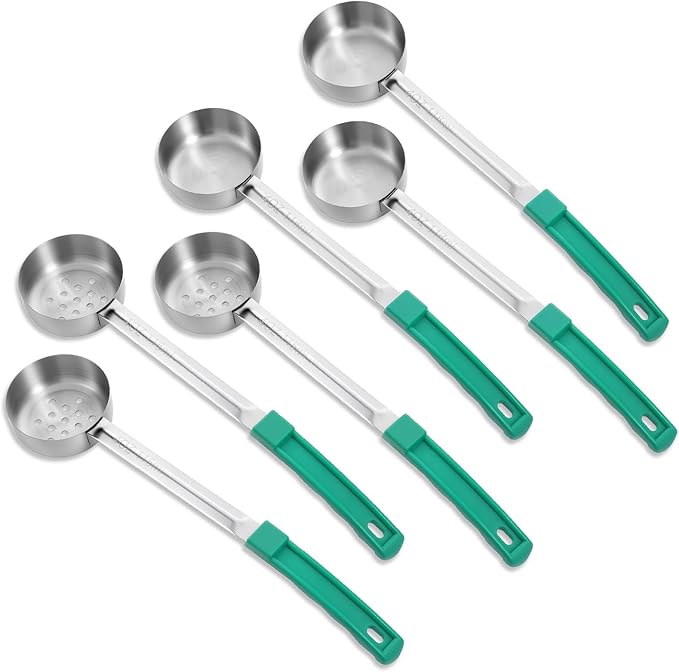 6 Pcs Portion Control Serving Spoons, Stainless Steel Measuring Ladle Scoops with Plastic Handle, 4 Oz Slotted and Unslotted Food Measuring Utensils for Weight Loss, Restaurants, Home