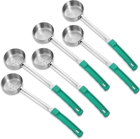 6 Pcs Portion Control Serving Spoons, Stainless Steel Measuring Ladle Scoops with Plastic Handle, 4 Oz Slotted and Unslotted Food Measuring Utensils for Weight Loss, Restaurants, Home