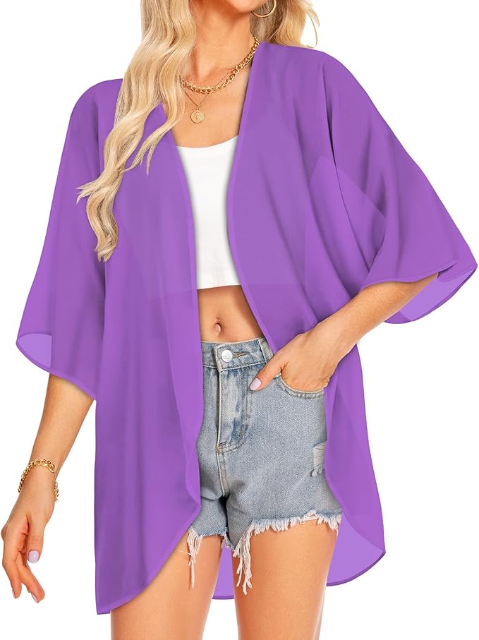 Women Kimono Cardigans Summer Cover Up Hawaiian Shirts Floral Print Tops | ROSEMIA chiffon kimono open front cardigans, beach cover ups, daily casual tops, cruise outfits, summer resort wear