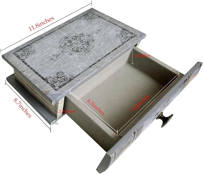 Vintage Book Storage Box with Drawer, Distressed Gray Faux Leather Cover with Ornate Baroque Design, Hidden Organizer for Jewelry or Office Bookshelf Decor 11.8″ x 8.7″ x 2.4″