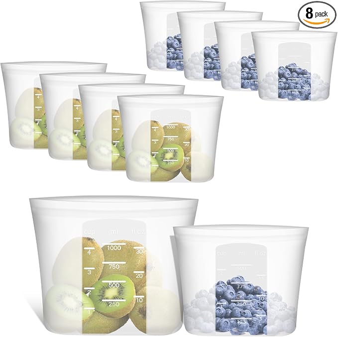 Reusable Sandwich & Snack Bags, 8 Pack 100% Silicone Stand Up Zip Lock Food Storage Bags for Food Container, Freezer Microwave Oven Dishwasher Safe, 4 Small 4 Extra Small, Translucent
