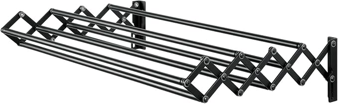 mDesign Steel Wall Mount Accordion Expandable Retractable Clothes Air Drying Rack - 8 Bars for Hanging Garments - Mounted Organizer for Laundry/Utility Room, Bathroom, Garage, Bardo Collection, Black