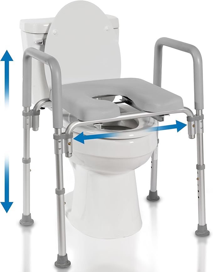 Ultimate Raised Toilet Seat with Handles, Padded, Armrests, Adjustable Height, Premium Elevated Toilet Seat for Elderly Bathroom Safety with Arms, Standard and Elongated Toilets, Gray