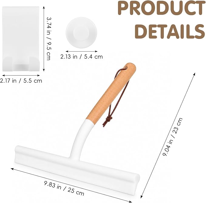NUOBESTY Shower Squeegee for Glass Doors, Wood Handle White Silicone Wiper | 10" Streak-Free Blade with an Aesthetic Natural Grip. Includes Suction Cup & Over-Door Hook for Bathroom Mirrors & Tiles