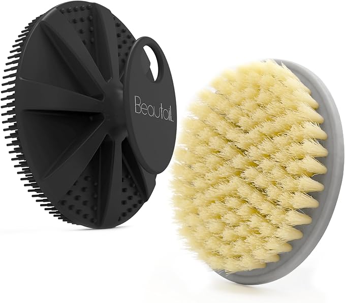 Body Scrubber 2 Pack, BEAUTAIL Gentle Exfoliating Shower Scrubber for Body | 1 Pack PP Bath Brush Gray and 1 Pack Silicone Body Scrubber Black, Soft Shower Loofah for Women, Men, Baby & Sensitive Skin