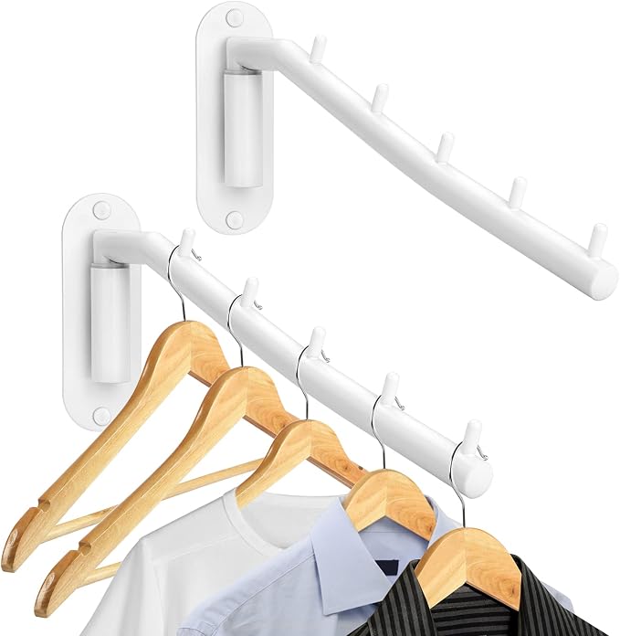 Sumnacon 2 PCS Stainless Steel Clothes Hanger Rack - Wall Mount Clothing Rack with Swing Arm, Sturdy Clothes Hanger Racks for Laundry Room Bedrooms Clothing Drying Hanger with 5 Hooks, White
