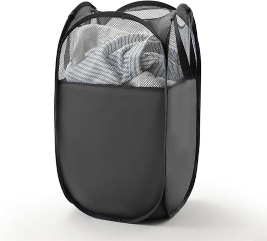 TECHMILLY Pop Up Foldable Laundry Basket, Mesh Laundry Hamper with Reinforced Handles for Dirty Clothes Storage in Dorm, Laundry Room, Bathroom, Black(Fabric)