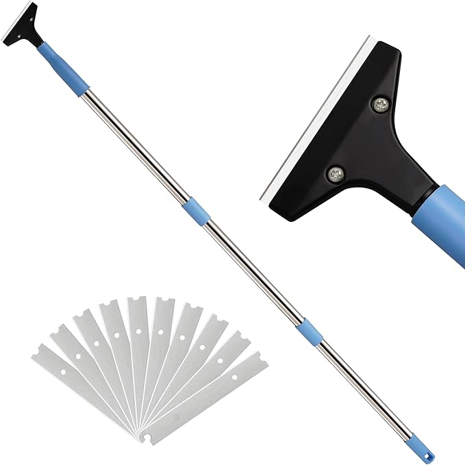Heavy-Duty Floor Scraper with Long Handle (37''-51.5''), 4-Inch Metal Scraper Cleaning Tool, Comes with 10 Blades, Suitable for Cleaning Walls, Glass, Adhesives, Chewing Gum, and Ceilings