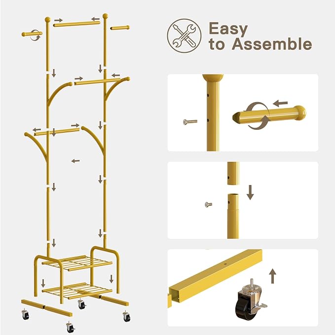 Rolling Clothes Rack with 2 Metal Shelves, 71" Portable Clothing Rack with Wheels, Small Garment Rack with 2 Side Hanging Rods, Freestanding Coat Rack for Laundry Room, Bedroom, Gold