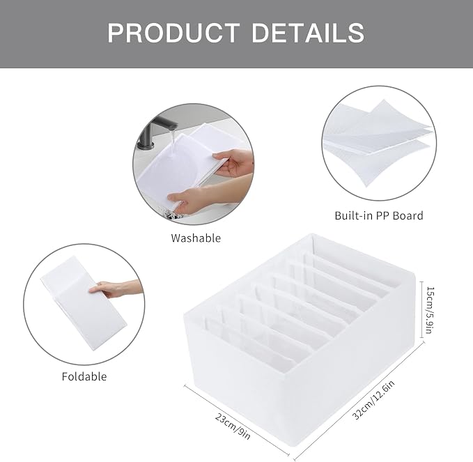 Qozary 4 Pack Drawer Organizers for Clothing, 8 Grids Foldable Closet Organizers and Storage Bins for Bedroom, Dresser Organizer Boxes for Thin T-shirts, Tank Tops (White, Upgrade Height)
