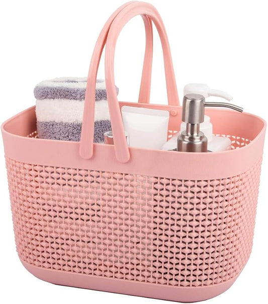 Plastic Protable Shower Caddy Basket, Storage Organizer with Handle, Pink | Bottom Drain Holes, Keep Dry, Sturdy and Durable, Easy to Carry for Bathroom, Kitchen, Dorm Room, RV, College