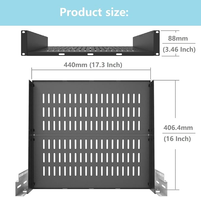 2U 16" Server Rack Shelf for 19-inch Network Rack or Cabinet | Universal Vented Rack Mount Cantilever Tray -16 Inch Deep for Server, IT & Sound Equipment Black (2U16InD)