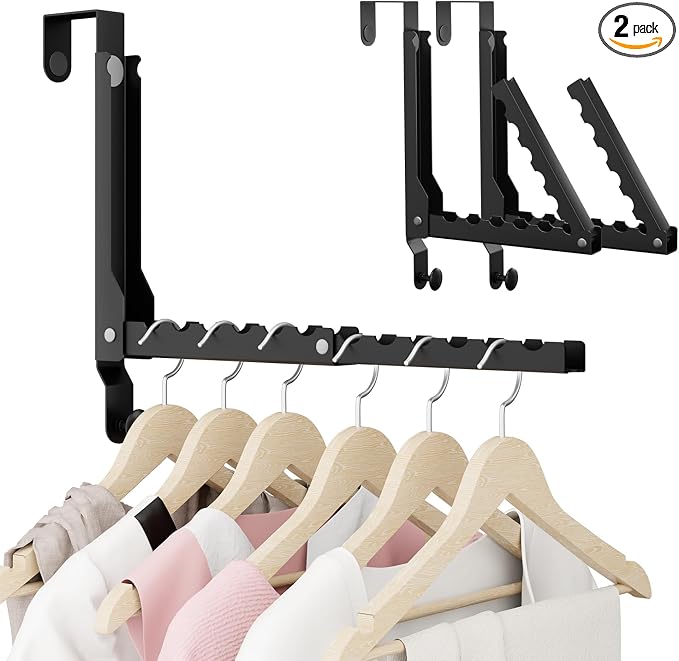 BAKON 2 Pack Heavy Duty Over the Door Hooks, Compact 10 Ridges Double Folding Over the Door Clothes Hanger, Space Saving Over the Door Drying Rack for Laundry Bedroom, Rustproof & Waterproof(Black)