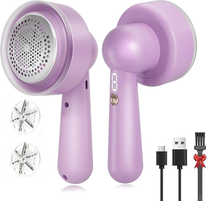 DBC Fabric Shaver & Lint Remover for Clothes, Sweaters & Furniture | 6-Leaf Blade, 3 Speeds, 2H Runtime, Portable Design Perfect for Travel, Includes 2 Extra Blades, Purple