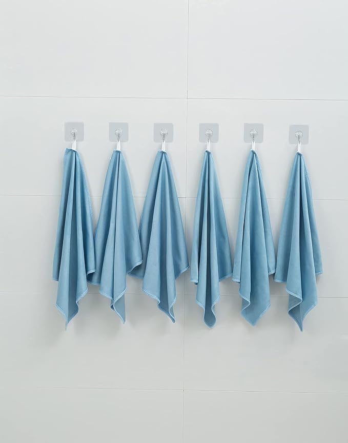 Puomue 6 Pack Microfiber Glass Cleaning Cloth, 16 Inch X 16 Inch, Lint Free Quickly Clean Window, Glasses, Windshields, Mirrors, and Stainless Steel, Blue