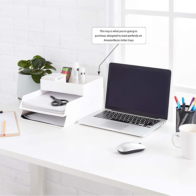 Amazon Basics Rectangular Plastic Desk Organizer with Storage Trays, Accessory Tray, Drawer Organizer, 9.4 x 6.7 x 2 inch, White