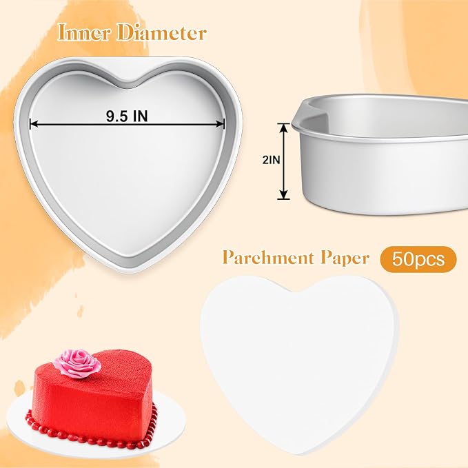9.5 Inch Heart Shaped Cake Pans with 50 Pieces Parchment Paper,Set of 2 Non-stick Aluminum Heart Cake Pans Baking Tins for Birthday Wedding