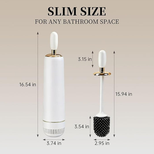 Toilet Bowl Brush and Holder Set, Plunger and Brush Set with Long Handle, High-End Modern Silicone Toilet Brush Set, Non-Scratch Hygienic, Odor-Free Design (Matte White + Gold, B)
